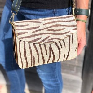 Women Genuine Leather Crossbody Shoulder Bag Hair On Hide Handmade Brown Zebra